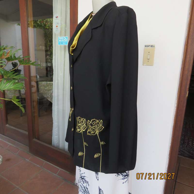 FOSHINI black special occasion long sleeve jacket with gold rose embroidery. Size 42.