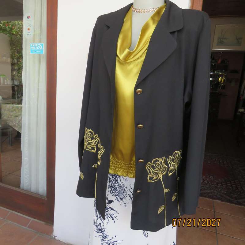 FOSHINI black special occasion long sleeve jacket with gold rose embroidery. Size 42.
