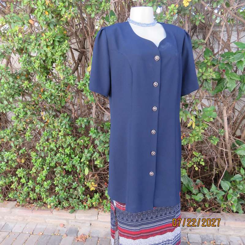 DELSWA GOLD elegant extra long navy 6 button down jacket. Pleated back-corded decoration. Size 40