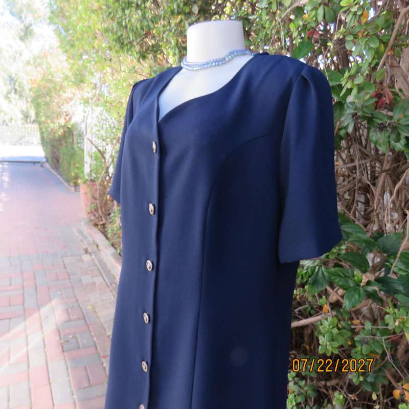 DELSWA GOLD elegant extra long navy 6 button down jacket. Pleated back-corded decoration. Size 40