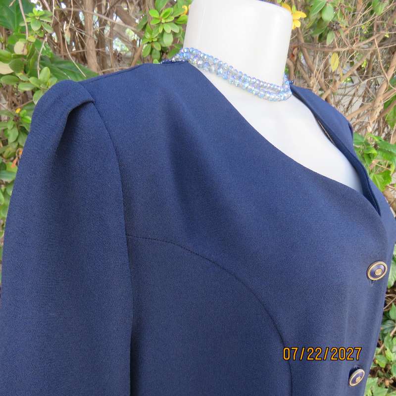 DELSWA GOLD elegant extra long navy 6 button down jacket. Pleated back-corded decoration. Size 40