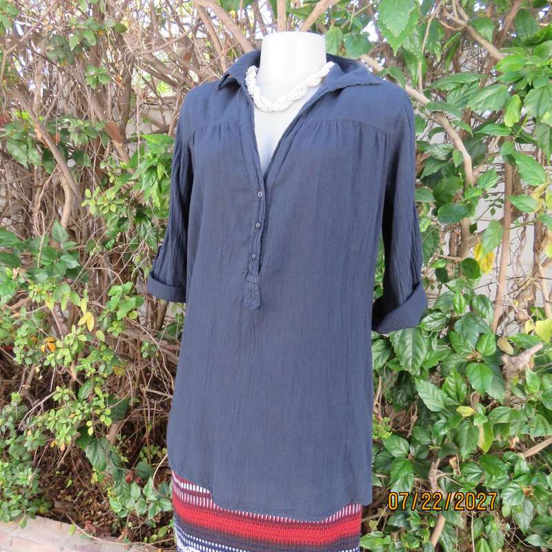 FRESH PRODUCE overdyed navy cotton slip over top. Size 36. Bracelet sleeves.