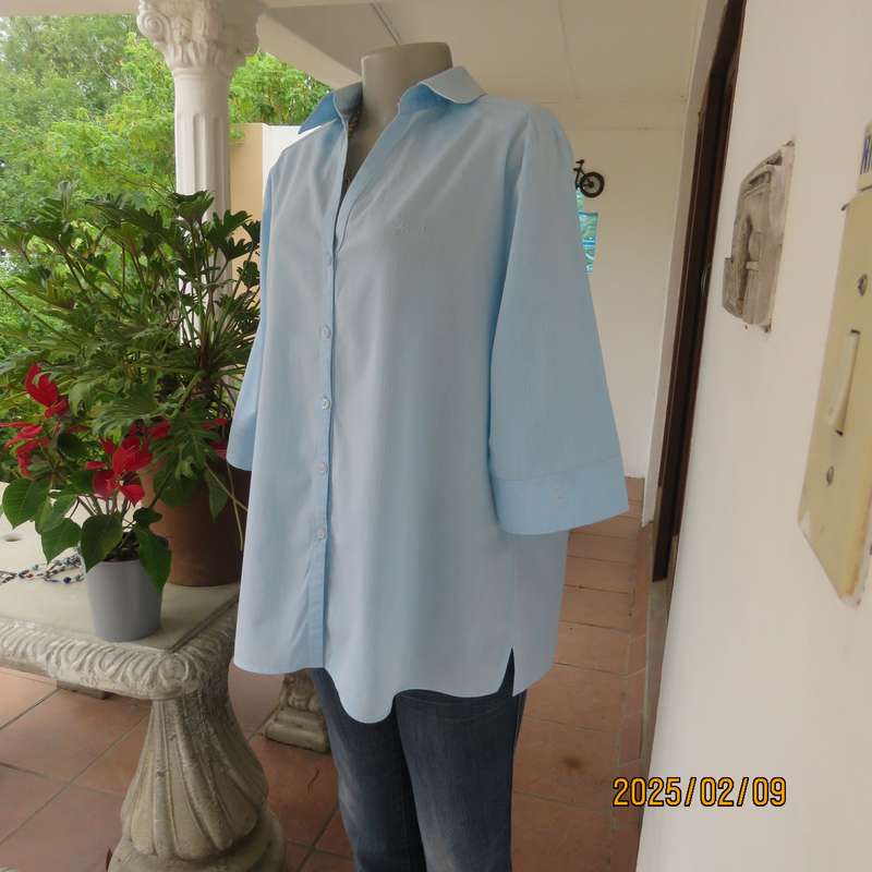 PRINGLE of Scotland  aqua-white striped shirt. Button down-open collar.Elbow sleeves.Size 38.