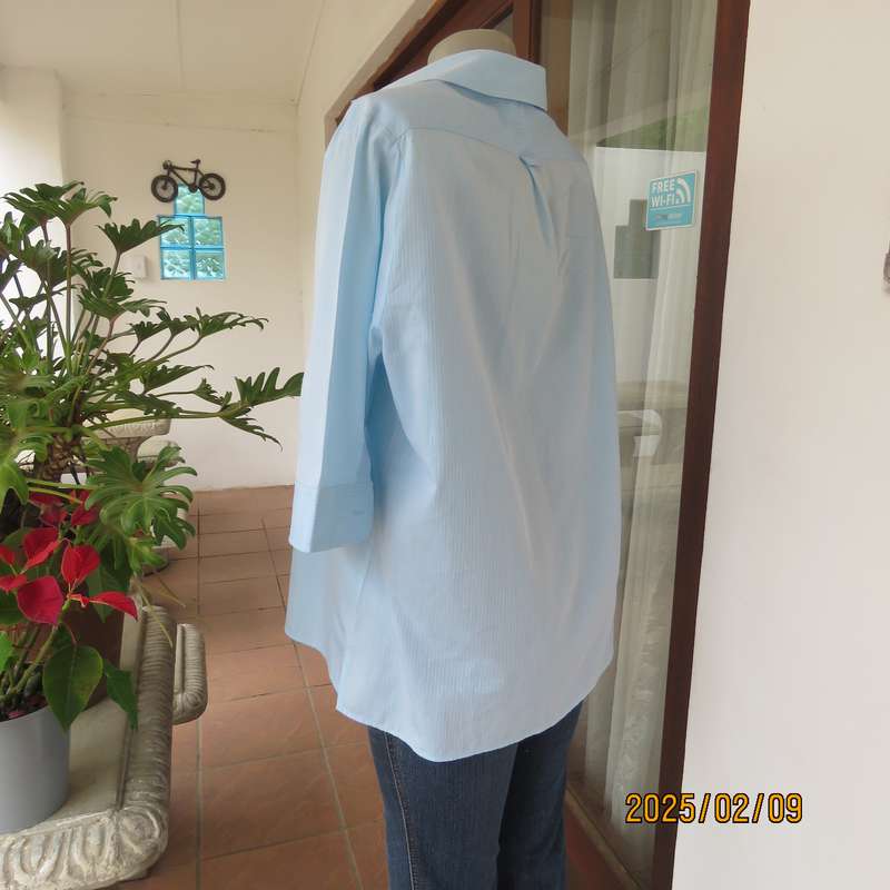 PRINGLE of Scotland  aqua-white striped shirt. Button down-open collar.Elbow sleeves.Size 38.