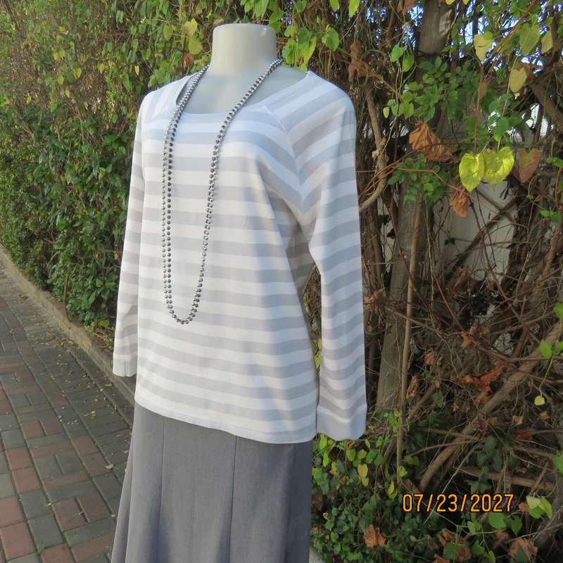 WOOLWORTHS polycotton white-silvergrey horizontal stripe long sleeve top. Size 38