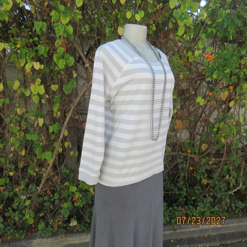 WOOLWORTHS polycotton white-silvergrey horizontal stripe long sleeve top. Size 38