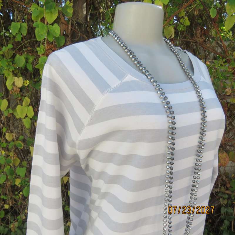 WOOLWORTHS polycotton white-silvergrey horizontal stripe long sleeve top. Size 38