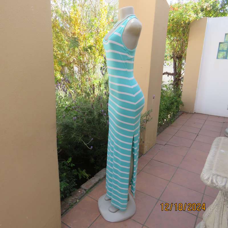 Sexy turquoise/white horizontal striped stretch viscose maxi dress from Brussels by ICON. Size 32.