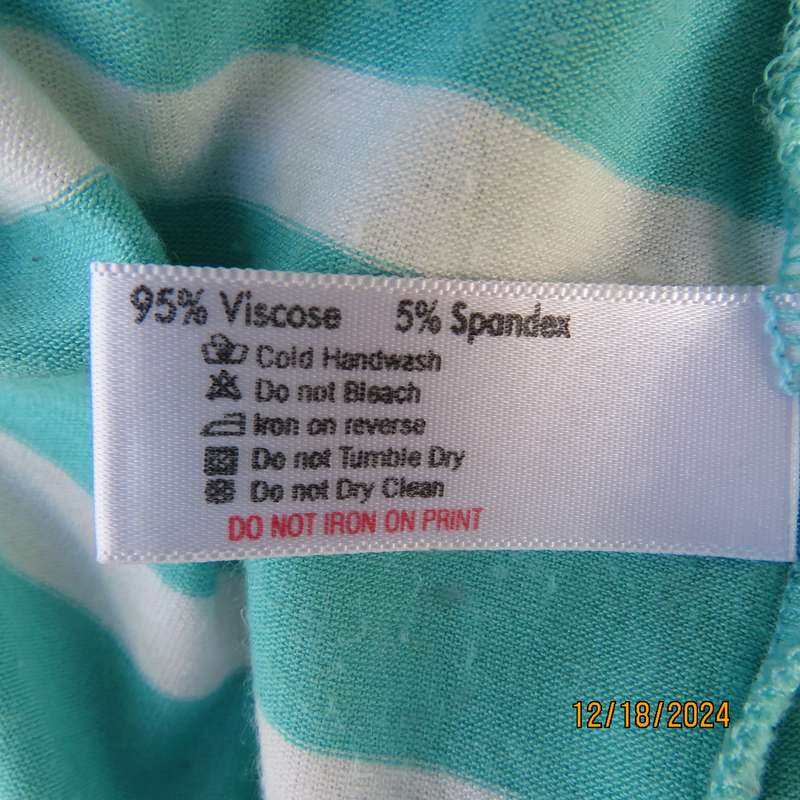 Sexy turquoise/white horizontal striped stretch viscose maxi dress from Brussels by ICON. Size 32.