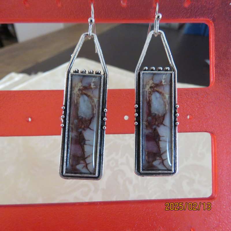 Silvery bohemian style drop rectangular earrings in brown-cream marble design. New item.