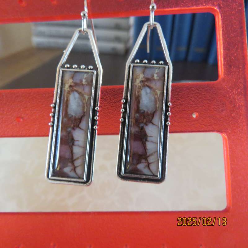 Silvery bohemian style drop rectangular earrings in brown-cream marble design. New item.