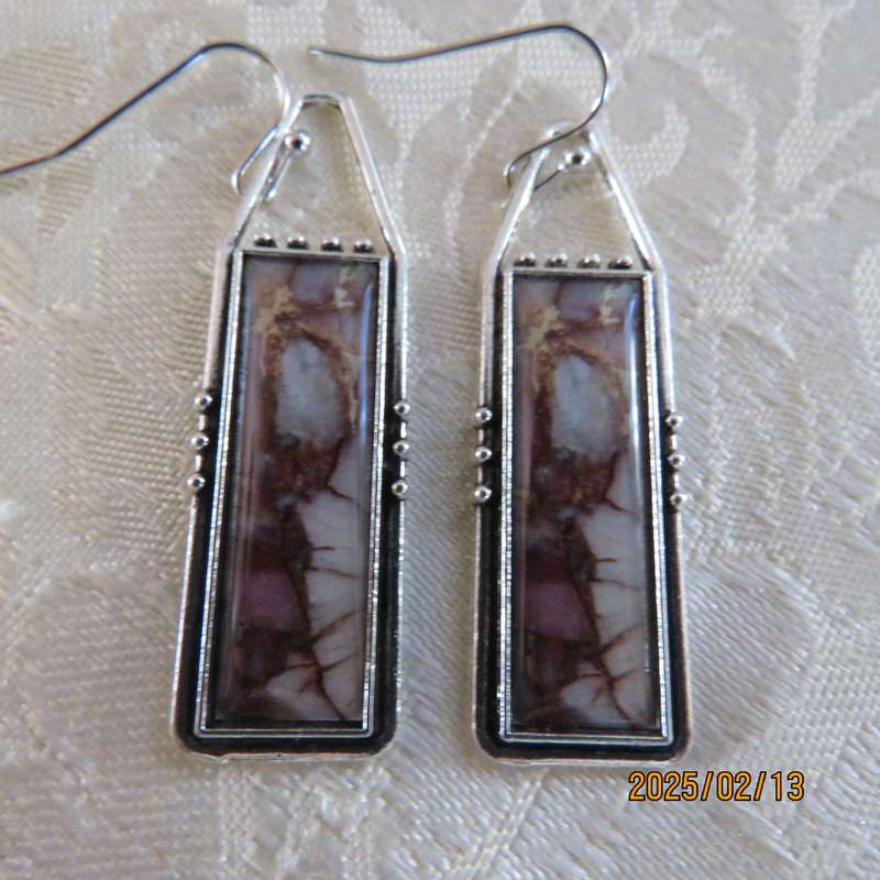 Silvery bohemian style drop rectangular earrings in brown-cream marble design. New item.