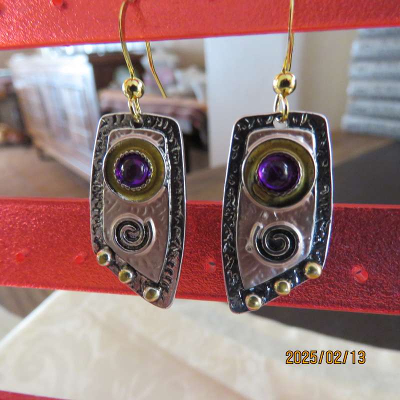 Creative alloy and resin earrings with little purple stones. New item.