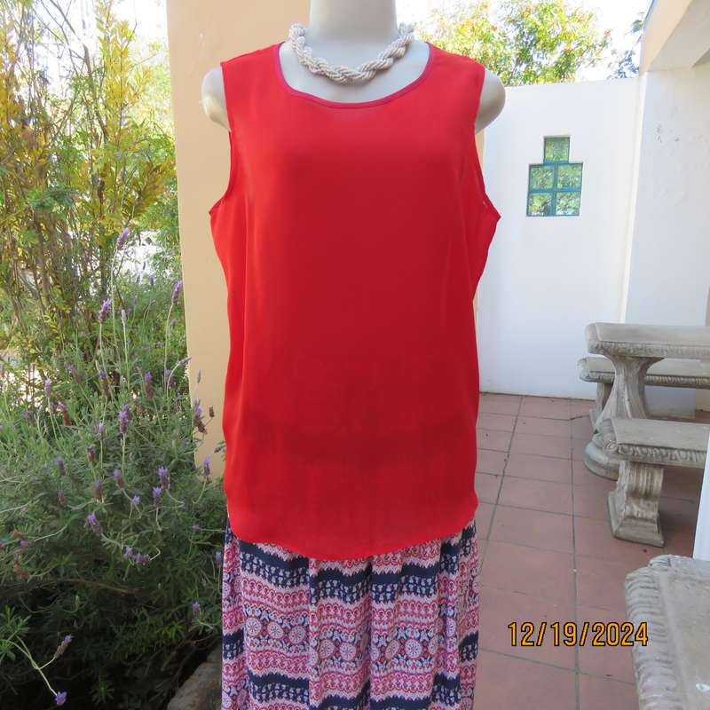 Boutique made cherry red sheer polyester sleeveless top. Satin edging around neckline.Size 38.As new