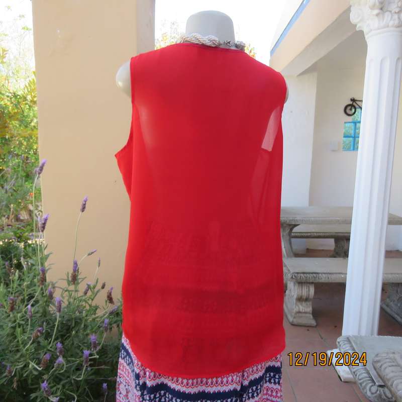 Boutique made cherry red sheer polyester sleeveless top. Satin edging around neckline.Size 38.As new
