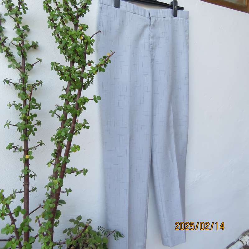 Men's cool summer pants in light grey-blue polyester with darker stripe design. Size 36. As new