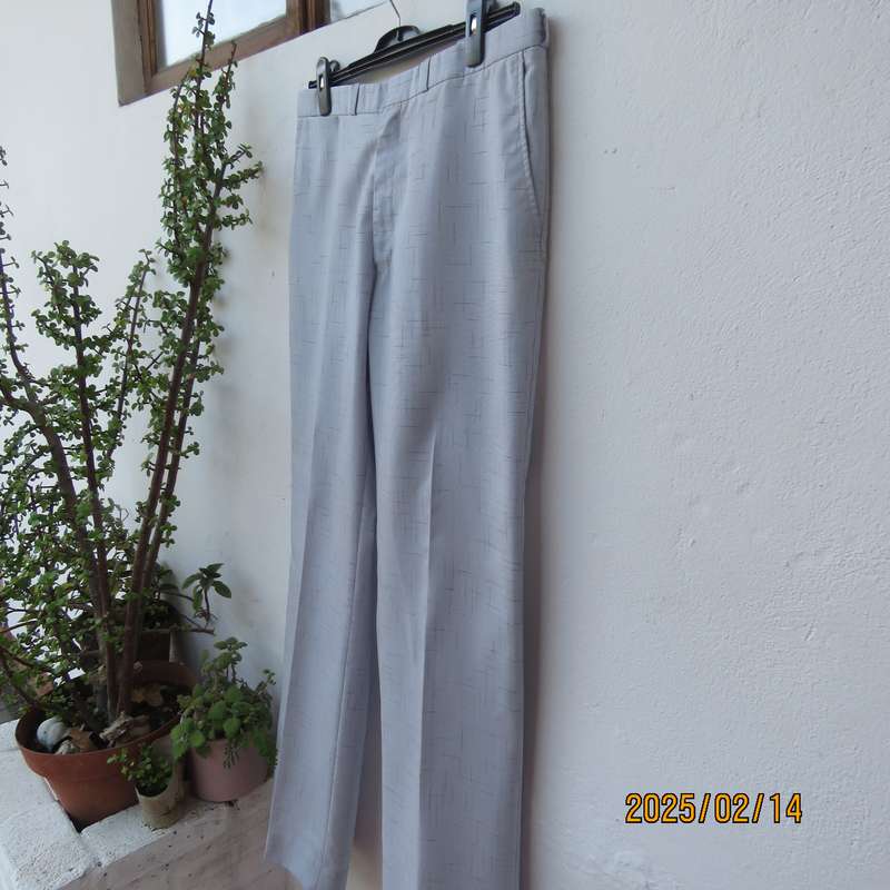 Men's cool summer pants in light grey-blue polyester with darker stripe design. Size 36. As new