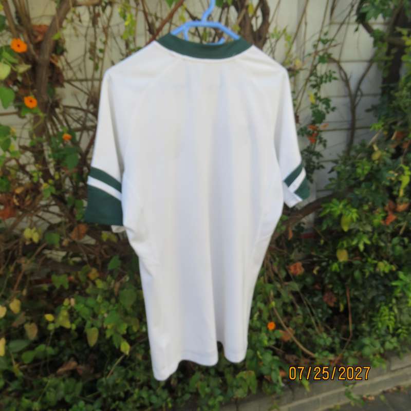 ASICS white SA Rugby stretch polyester top. With dark green-protea badge. Size Med