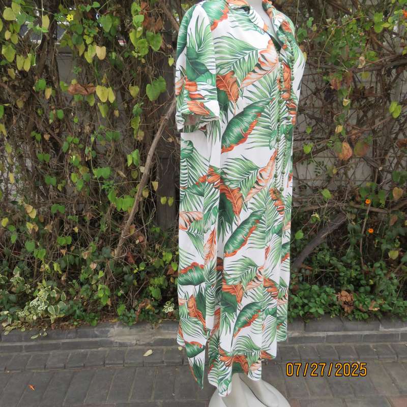 MILADY'S loose 100% stretch rayon white with green-orange leaves dress size 42.