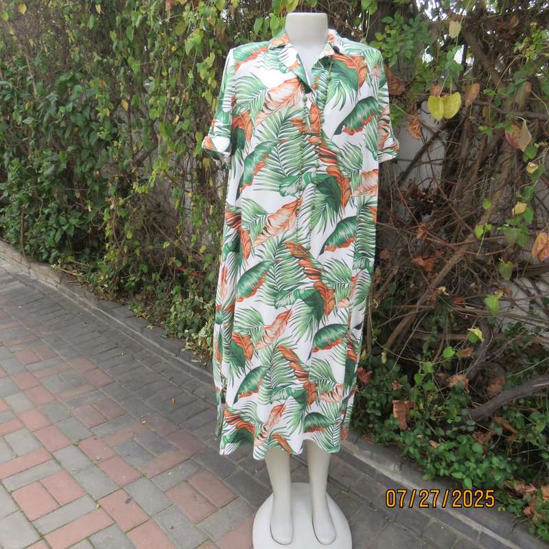 MILADY'S loose 100% stretch rayon white with green-orange leaves dress size 42.