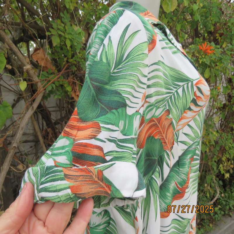 MILADY'S loose 100% stretch rayon white with green-orange leaves dress size 42.