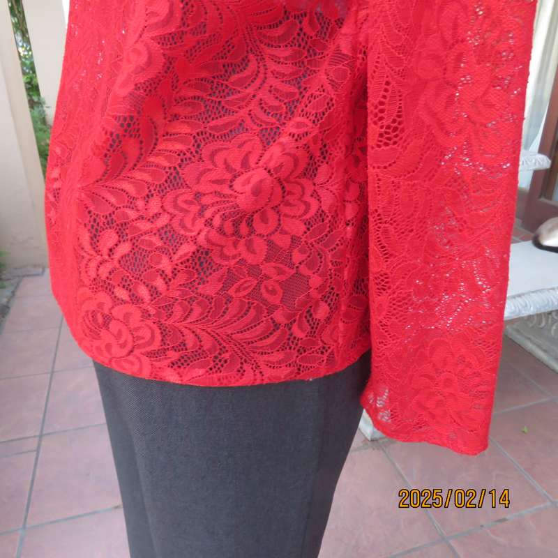 Boutique made postbox red long sleeve acrylic lace scooped neck slip over top. Size 36. As new