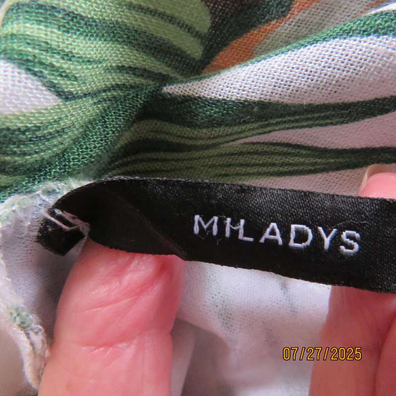 MILADY'S loose 100% stretch rayon white with green-orange leaves dress size 42.