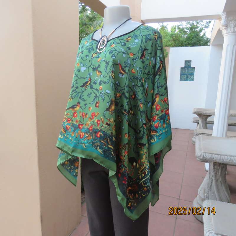 Beautiful silky satin poly square throw with small birds and border. Round neck. Size 34-38.New