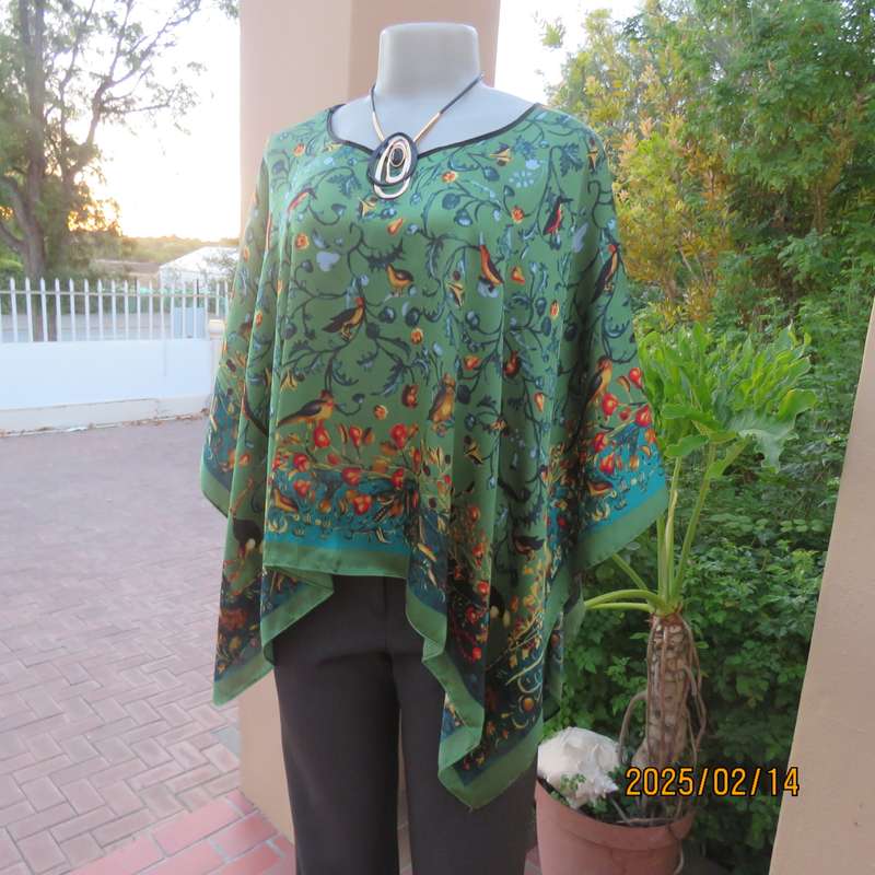 Beautiful silky satin poly square throw with small birds and border. Round neck. Size 34-38.New
