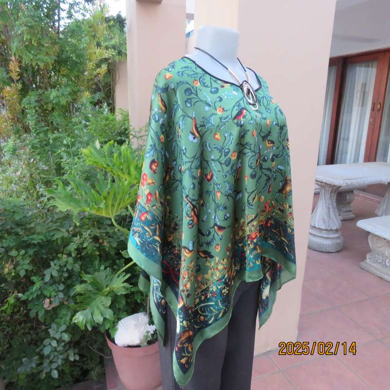 Beautiful silky satin poly square throw with small birds and border. Round neck. Size 34-38.New