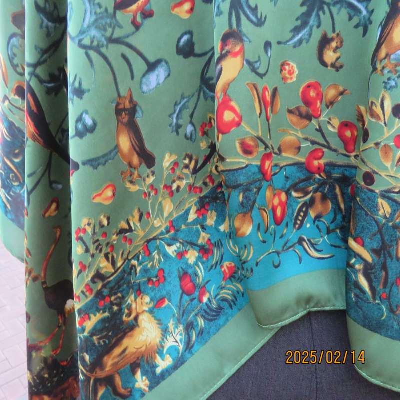 Beautiful silky satin poly square throw with small birds and border. Round neck. Size 34-38.New