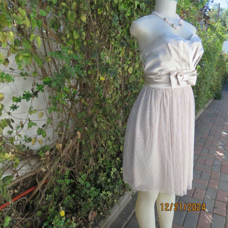 Evening dress in ivory pearl. Strapless poly /satin stretch bodice.Netting/sequin bottom. Size 38.