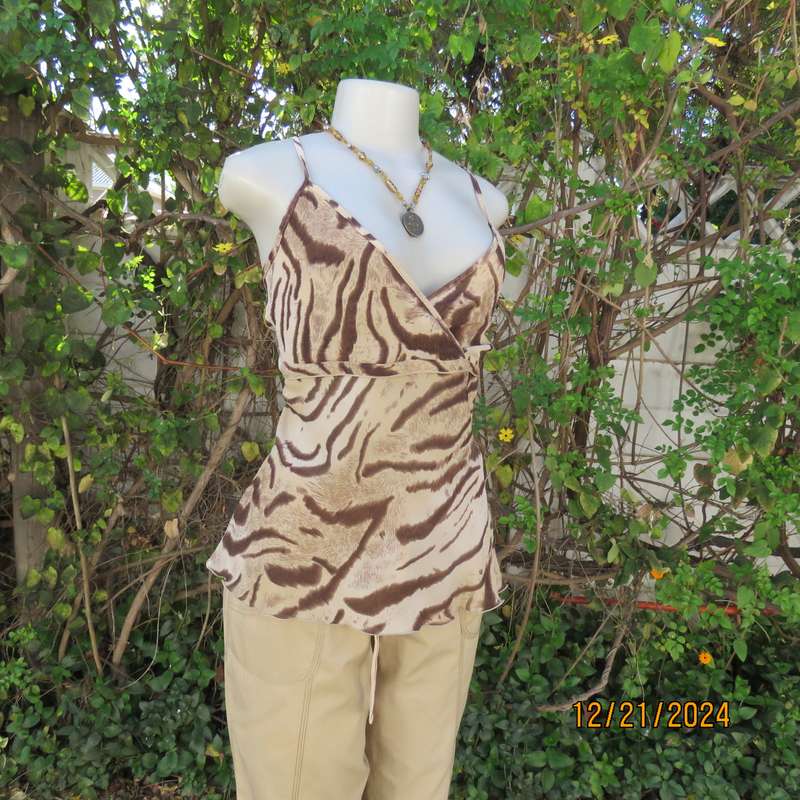 Sexy strappy top in brown/cream animal top in crinkled polyester.Empire front.Size 38.Brand new con.