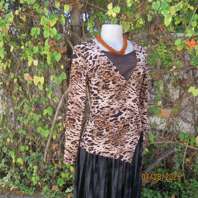 Animal print fold over front long sleeve brown-beige-tan top. Drawstring in side. Size 34.