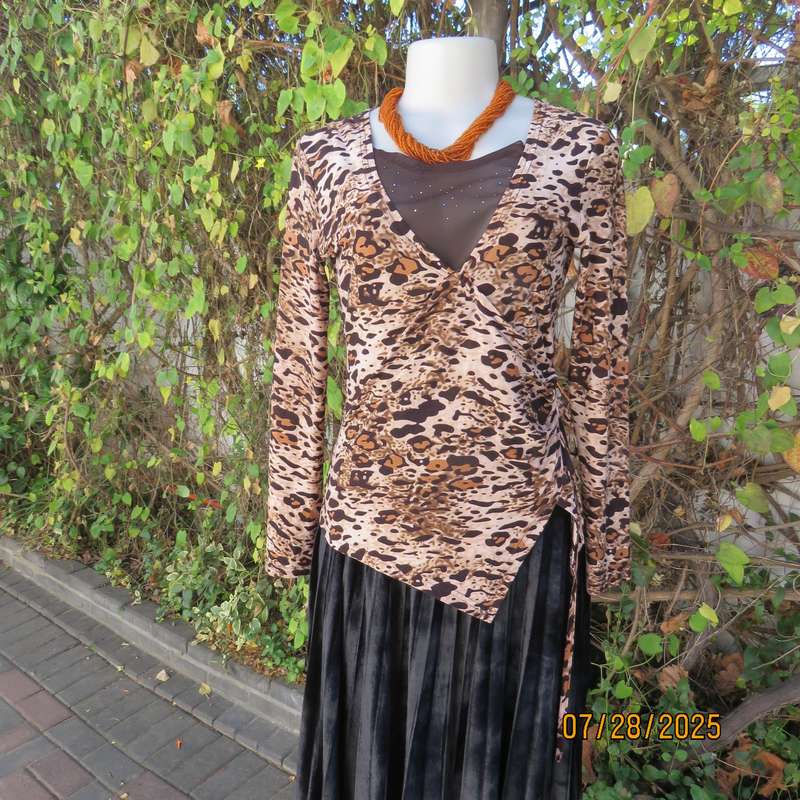 Animal print fold over front long sleeve brown-beige-tan top. Drawstring in side. Size 34.