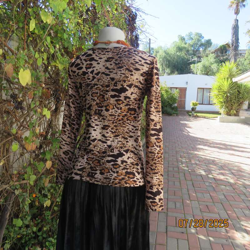 Animal print fold over front long sleeve brown-beige-tan top. Drawstring in side. Size 34.