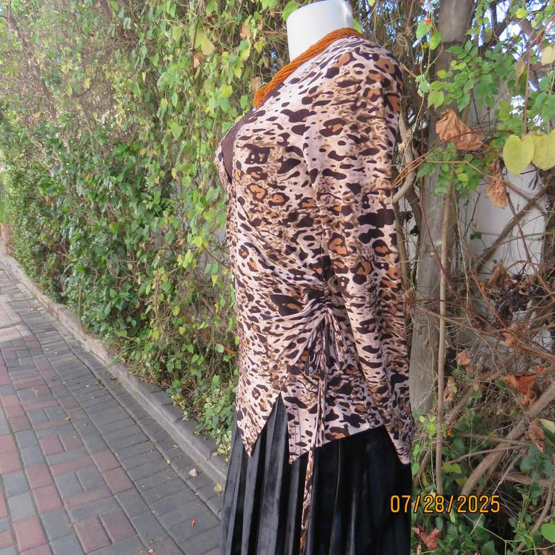 Animal print fold over front long sleeve brown-beige-tan top. Drawstring in side. Size 34.