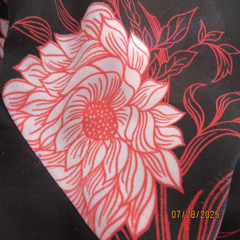 ASPIRE black polyester with red-white bold floral pattern. Unique sleeves. Size 36