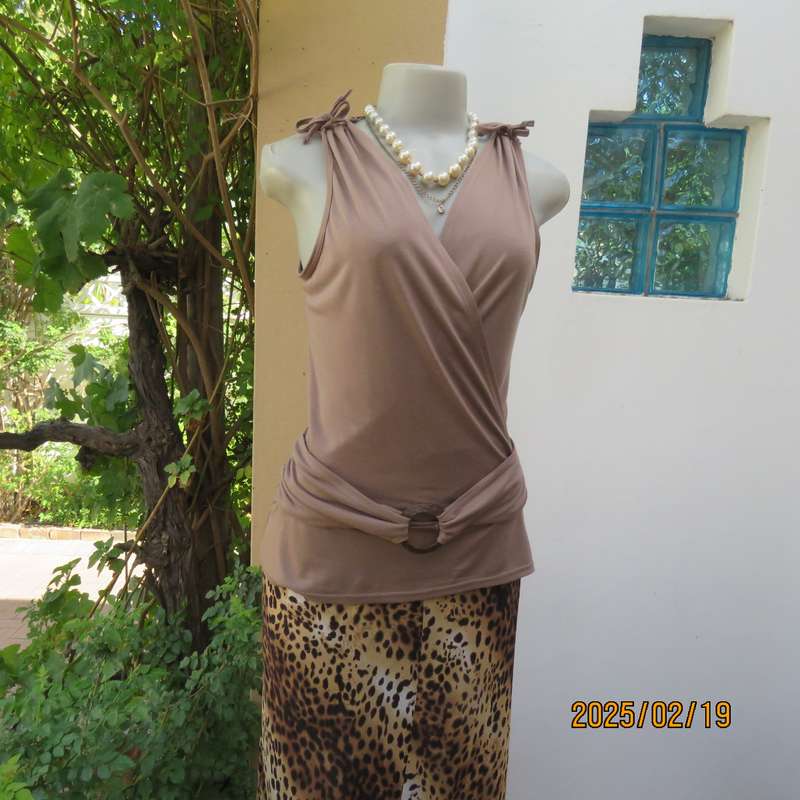 Fawn colour sleeveless ML size 34 top in poly-viscose. Foldover front.Drawstrings on shoulders.