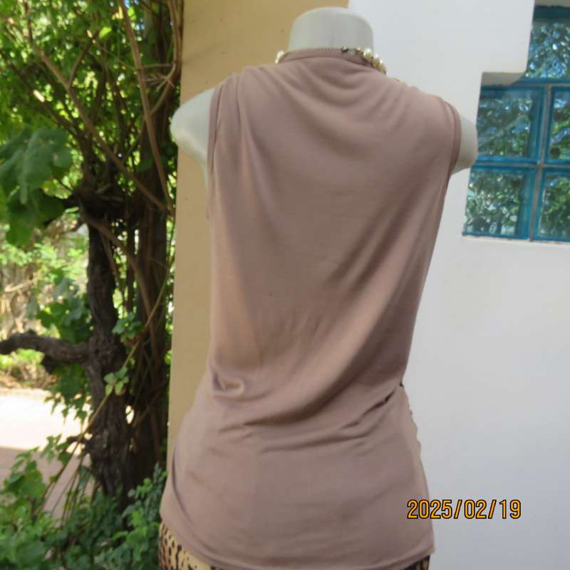 Fawn colour sleeveless ML size 34 top in poly-viscose. Foldover front.Drawstrings on shoulders.