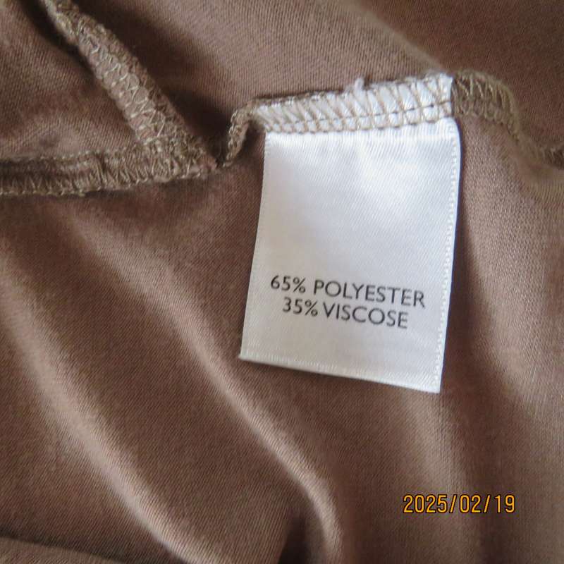 Fawn colour sleeveless ML size 34 top in poly-viscose. Foldover front.Drawstrings on shoulders.