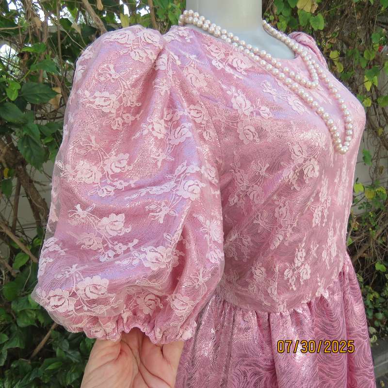 Pink and silver bridesmaid flare dress with lace overlay on bodice. Size 36
