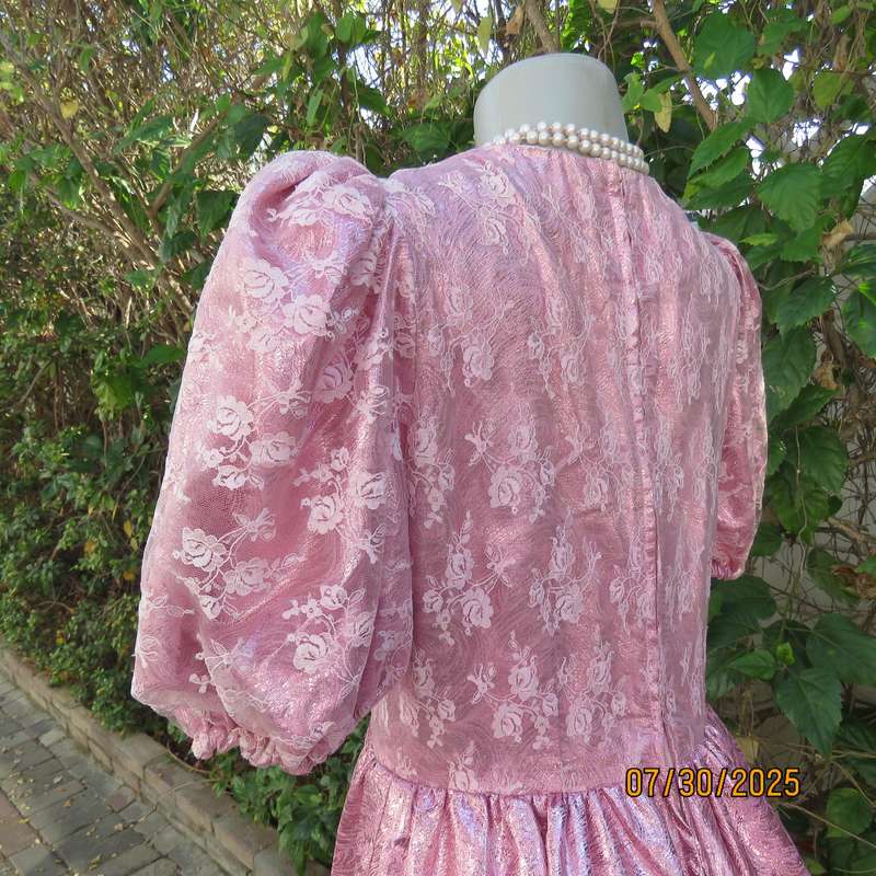 Pink and silver bridesmaid flare dress with lace overlay on bodice. Size 36