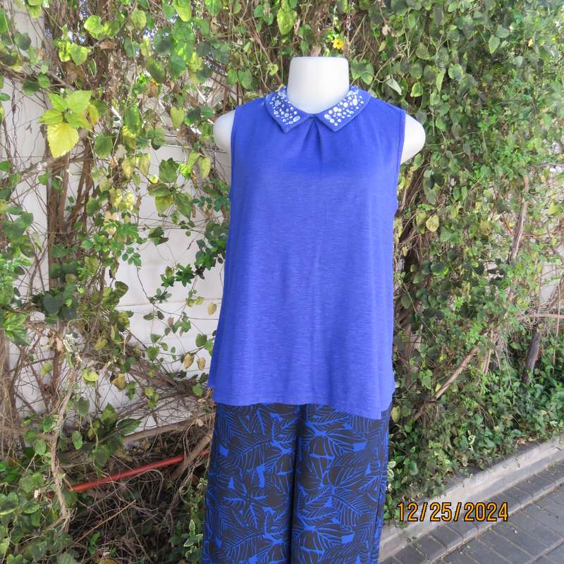 Sweet royal blue loose hanging top with high embellished collar.Size 34 by LEGIT.Opening at back.