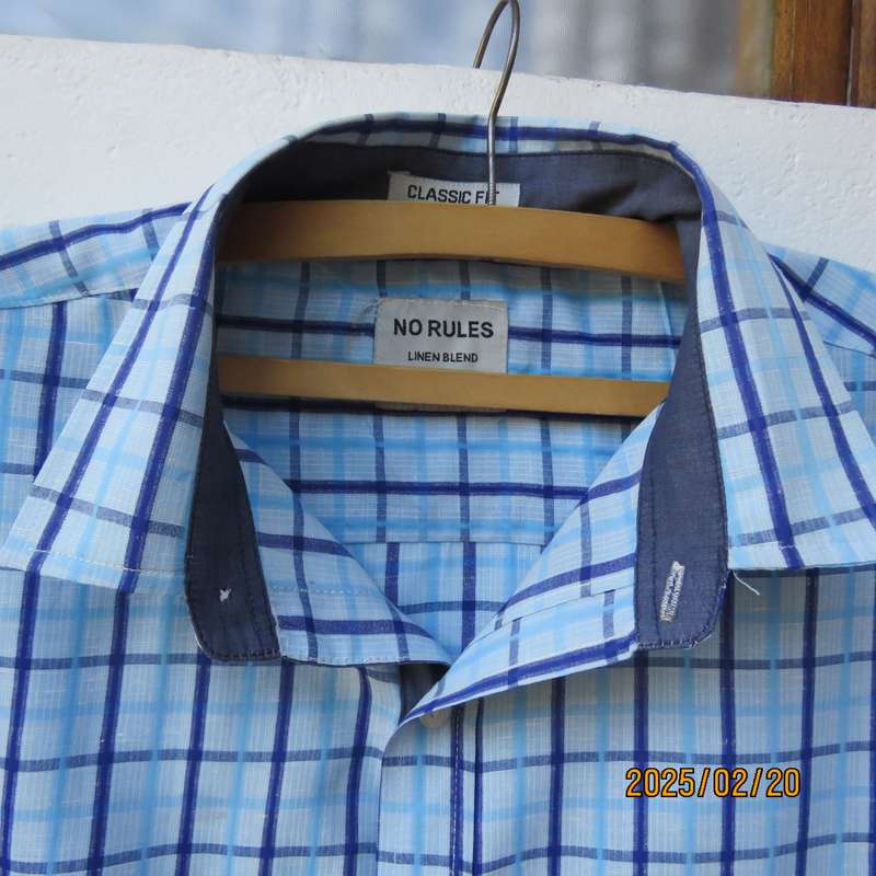 Casual NO RULES short sleeve polycotton classic fit men's shirt. One pocket.Size Large. Blue check.