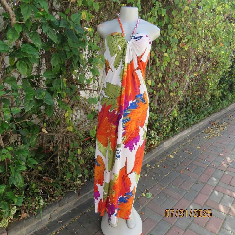 KLESSMANN white stretch polyester with orange-purple-green bold feather print size 36 halter dress.