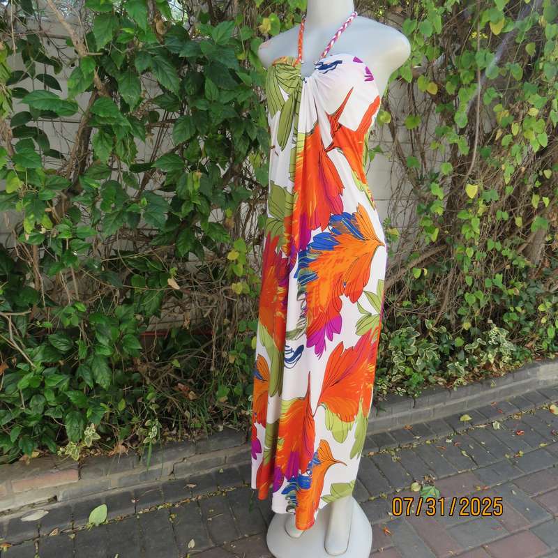 KLESSMANN white stretch polyester with orange-purple-green bold feather print size 36 halter dress.