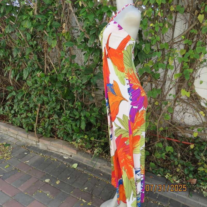 KLESSMANN white stretch polyester with orange-purple-green bold feather print size 36 halter dress.