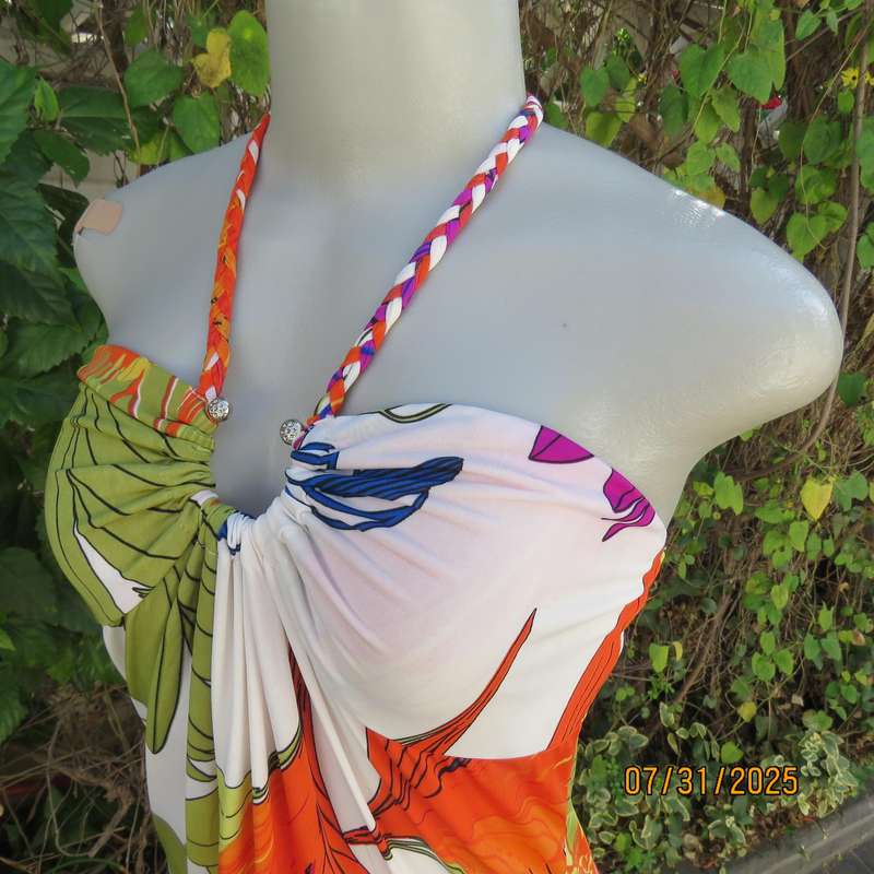 KLESSMANN white stretch polyester with orange-purple-green bold feather print size 36 halter dress.