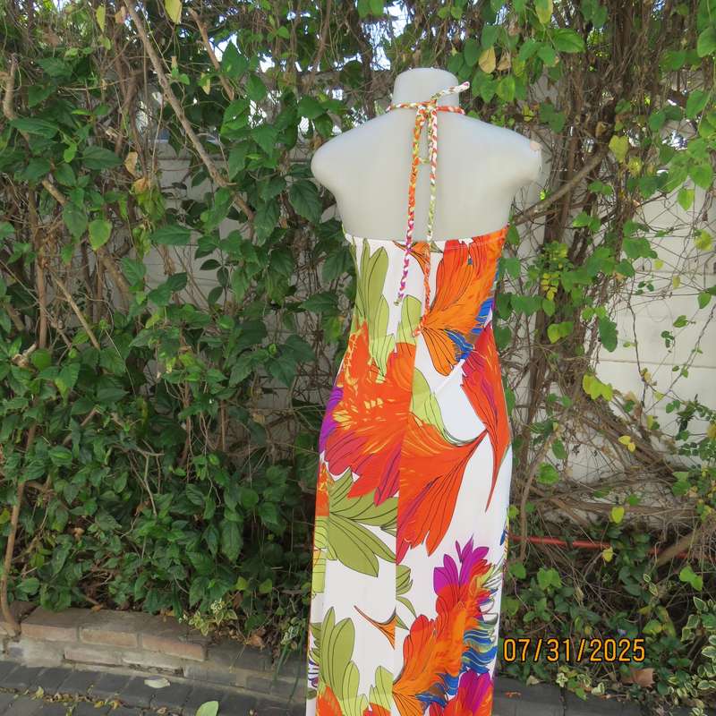 KLESSMANN white stretch polyester with orange-purple-green bold feather print size 36 halter dress.